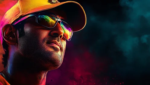 Neon-lit sports portrait captures confident athlete gaze.