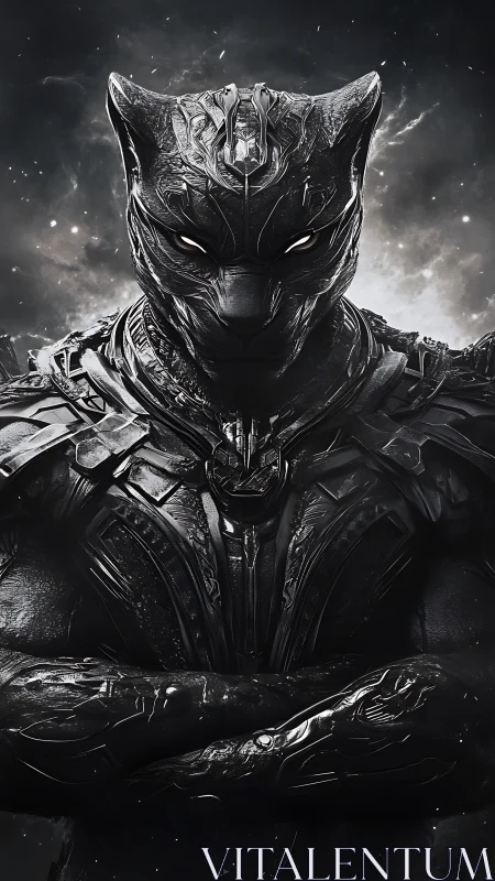 Armored panther warrior in detailed black exosuit.