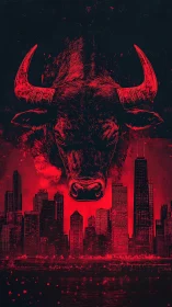 Red bull skull over urban skyline in stylized graphic illustration.