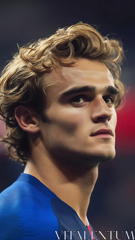 Focused soccer player gazes upward under stadium lights.