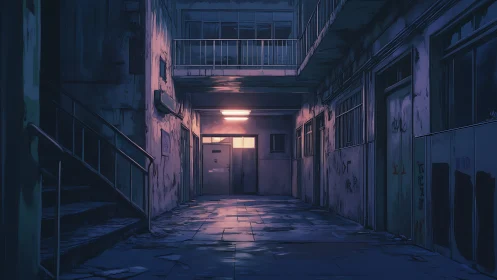 Nighttime view of worn apartment corridor with stairway.