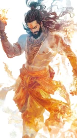 Fiery monk in flowing robes walking through living flames.