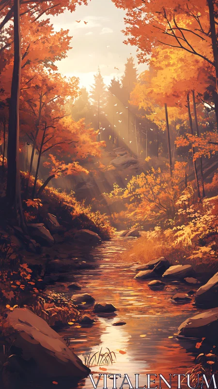 Autumn forest stream with golden sunlight through orange foliage canopy