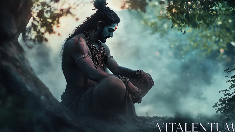 Seated ascetic figure under forest canopy in diffuse light.