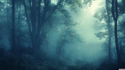 Misty sunrise filters through a serene, enchanted forest