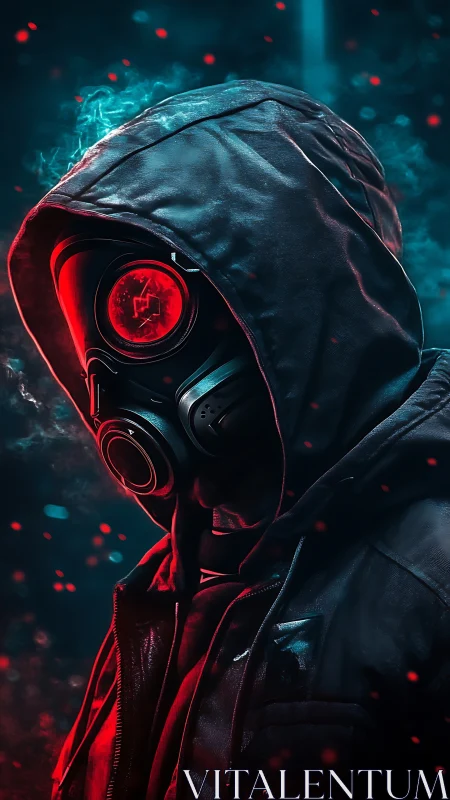 Hooded figure in gas mask under red and blue lighting.