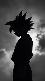 Backlit anime silhouette with spiky hair against storm clouds