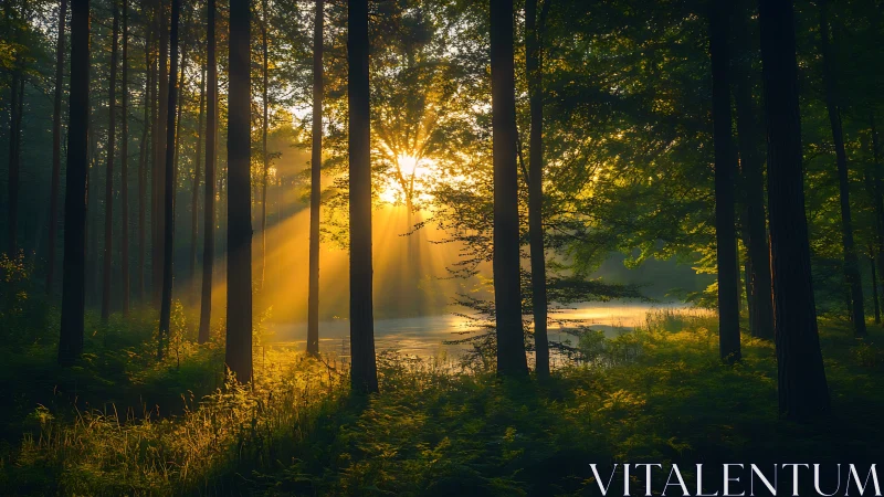 Dense Coniferous Forest with Crepuscular Light Rays Penetrating Canopy Structure