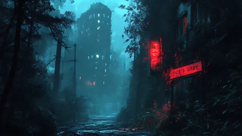 Neon decay corridor in post-urban overgrown highrise district.