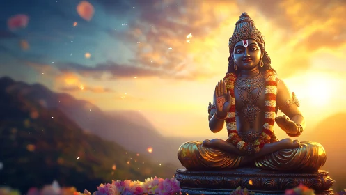 Golden hilltop deity in soft sunrise glow of peace.