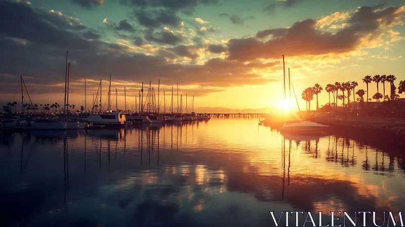 Golden sunset bathes a tranquil marina in warm reflective light