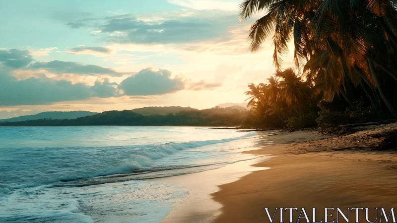 Tropical shoreline with warm sunset light and soft surf glow.