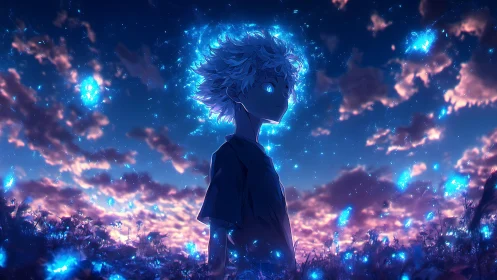 Luminous boy silhouette under bioluminescent dusk sky.