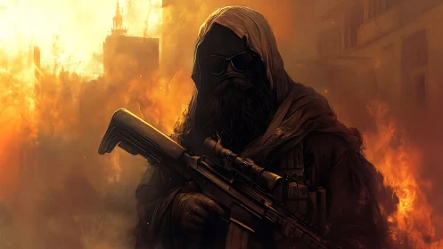 Hooded armed figure stands amid burning war-torn ruins.