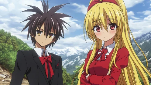 Mountain breeze courtship with crimson ribbons and quiet smiles.