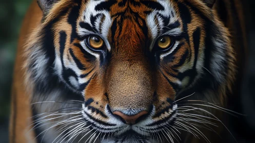 Tiger portrait in extreme close-up with golden focused eyes.
