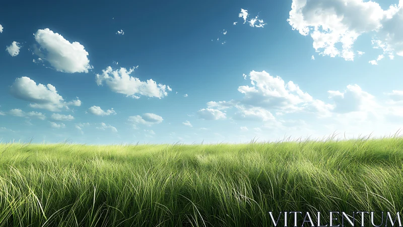 Grassy field under blue sky with scattered daylight clouds.
