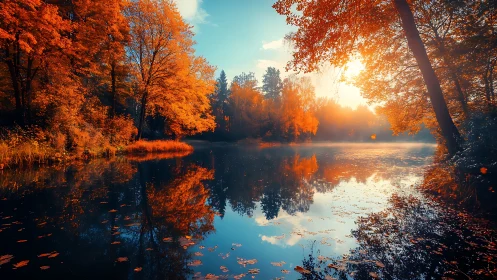 Autumn forest lake with bright orange trees at sunset.