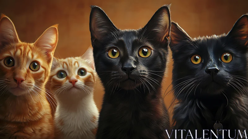 Cats with Golden Eyes Against Warm Amber Background.
