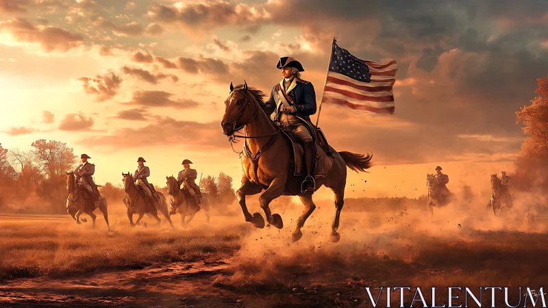 Sunset cavalry charge unfurls a storm-tossed American flag.