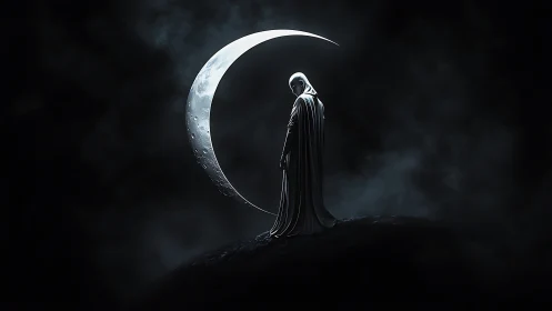 Shrouded lunar figure stands before crescent arc with volumetric fog