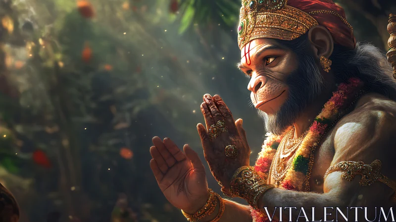 Hanuman-inspired divine monkey figure in forest prayer.