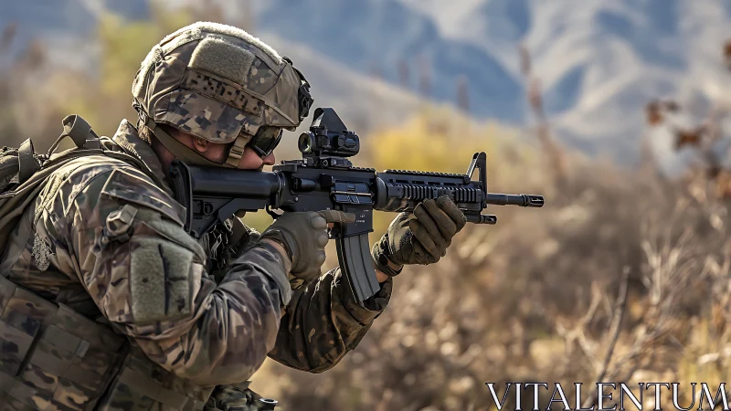 Focused soldier steadies his rifle in rugged mountain terrain