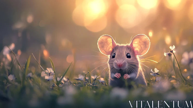 Tiny field mouse glows softly in warm sunset bokeh light.