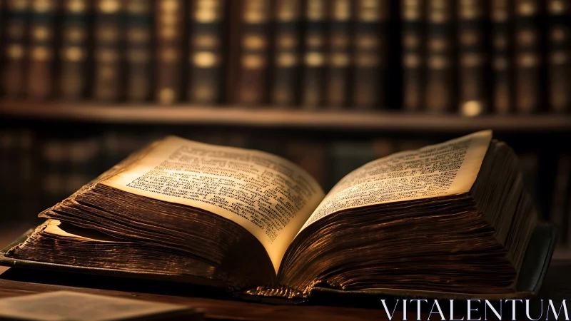 Illuminated antique book with aged pages under warm library light