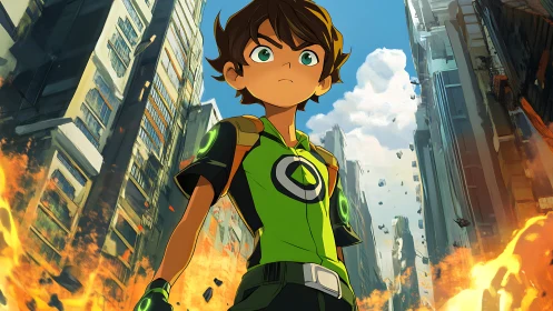 Boy in green suit amid burning futuristic city street.