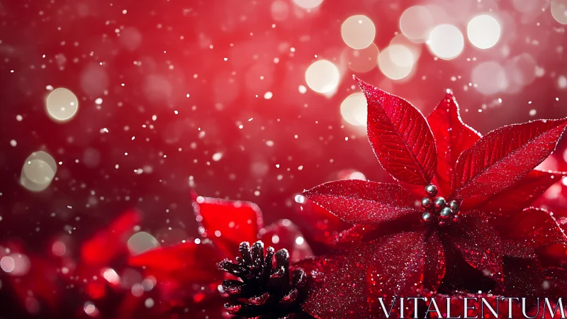 Glittered poinsettia macro captures festive bokeh illumination