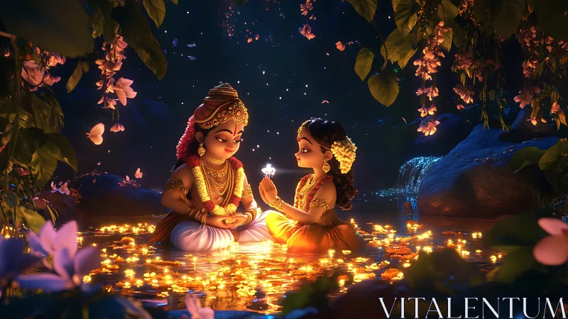 Gentle divine children share a glowing blossom in moonlit water