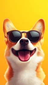Corgi dog in sunglasses against solid yellow background.