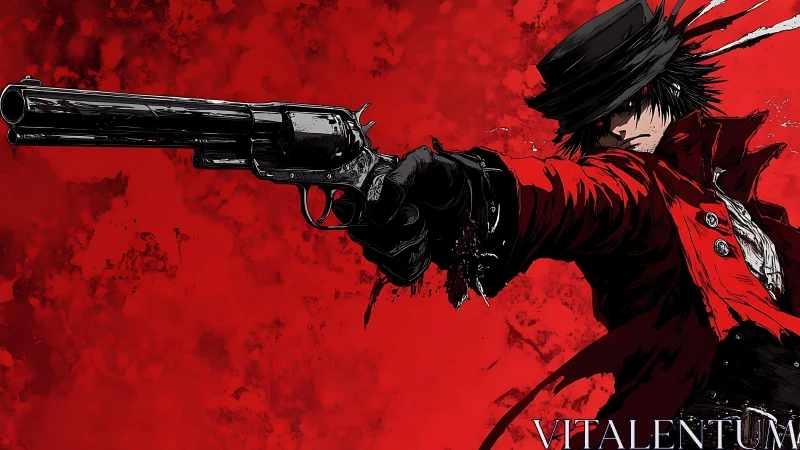 Brooding gunslinger in crimson coat against a blazing sky.