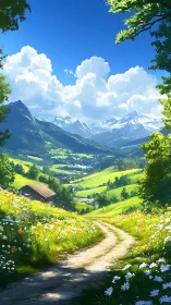 Sunlit alpine meadow path winding through verdant valley.