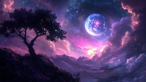 Solitary tree under luminous planet in vivid night sky.