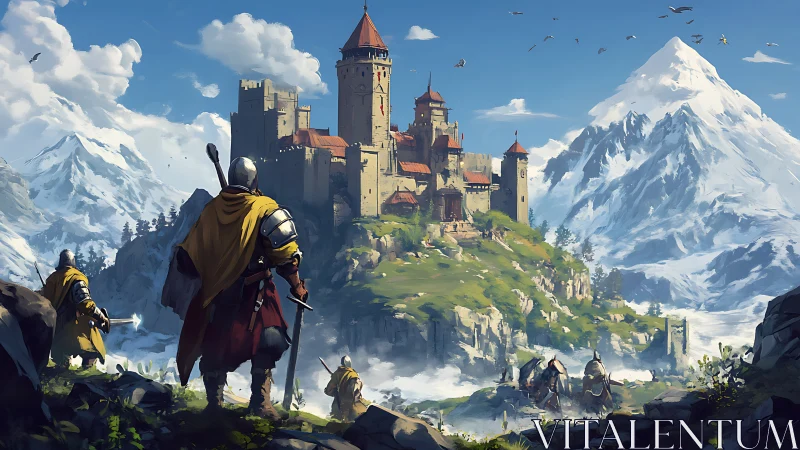 Armored figures approach mountain stronghold above valley.