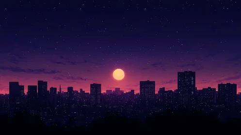 Moonlit city skyline under violet twilight sky.