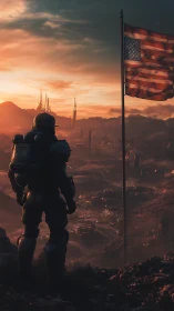 Armored explorer beneath tattered flag at Martian dawn.