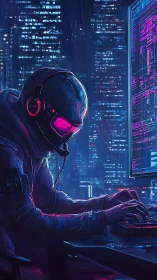 Solitary cyberpunk hacker works under neon city skyline