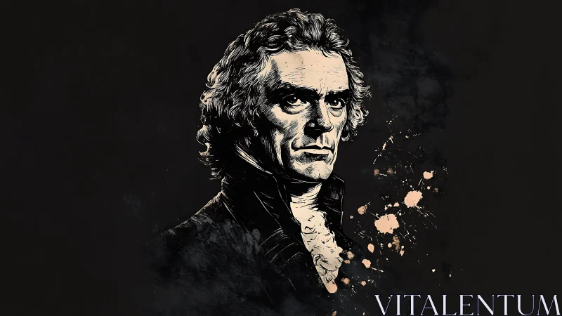 Intense monochrome portrait with expressive ink splatters.