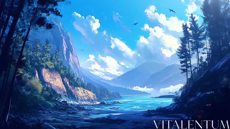 Expansive alpine shoreline rendered in luminous digital light