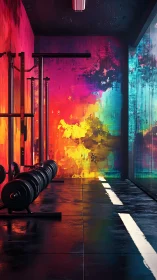 Neon-lit weight room glows against bold abstract walls.
