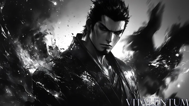 Monochrome warrior portrait merges dynamic ink and light