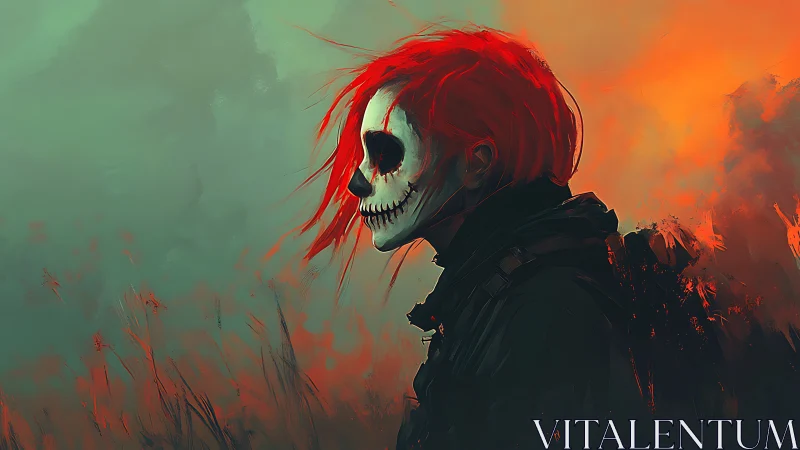 Red haired skull masked figure in smoky dusk field.