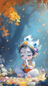 Gentle baby deity sits in prayer beneath glowing autumn leaves