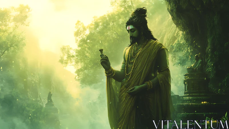 Mystic sage studies ritual bell in verdant forest sanctuary