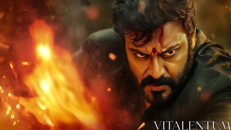 Firelit warrior locks his burning gaze on unseen destiny