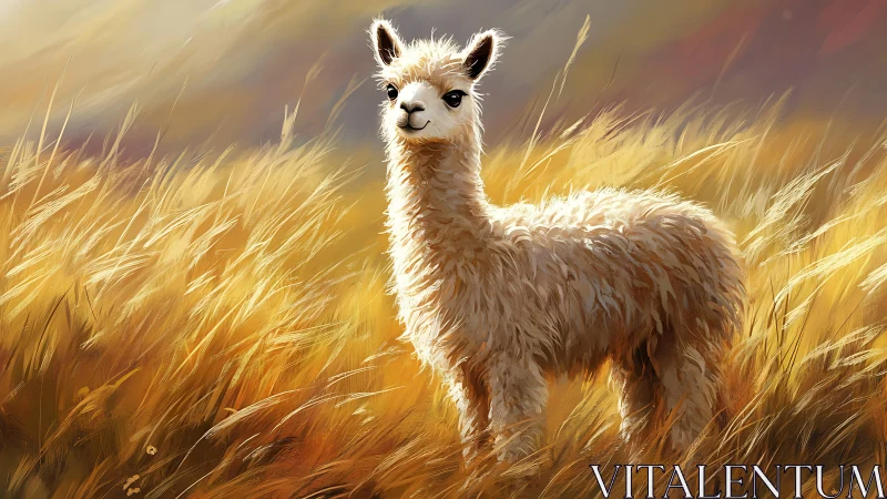 Fluffy young alpaca standing in golden sunlit grassland.