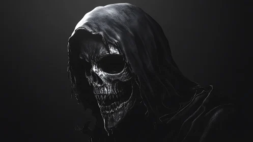 Shrouded skeletal reaper rendered in dramatic 3D chiaroscuro.